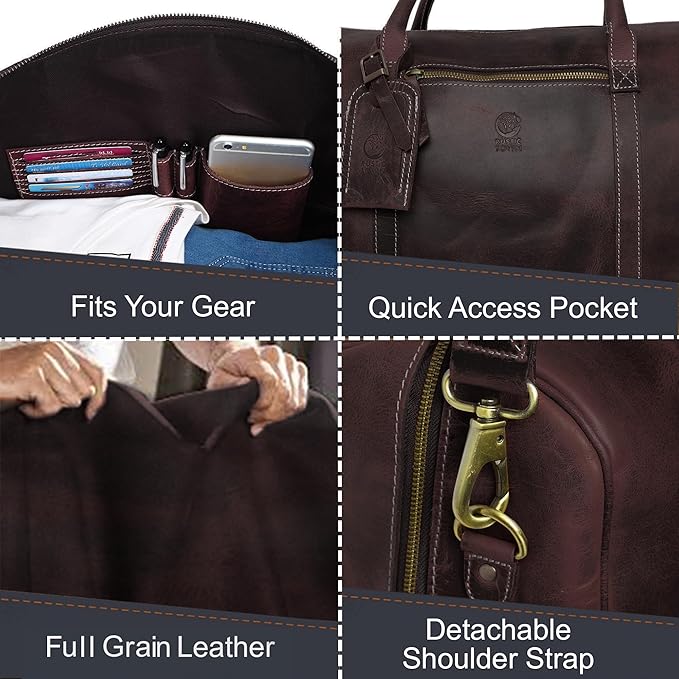 24" Leather Duffle Bag for Men & Women, Full Grain Leather Travel Overnight Weekender Sports Gym Carry On Duffel Bag by Rustic Town (Walnut Brown)