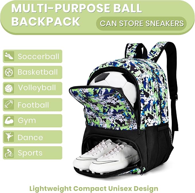 Youth Soccer Bag-Soccer Backpack&Backpack for Football Basketball,with Ball Compartment Separate Cleat Package