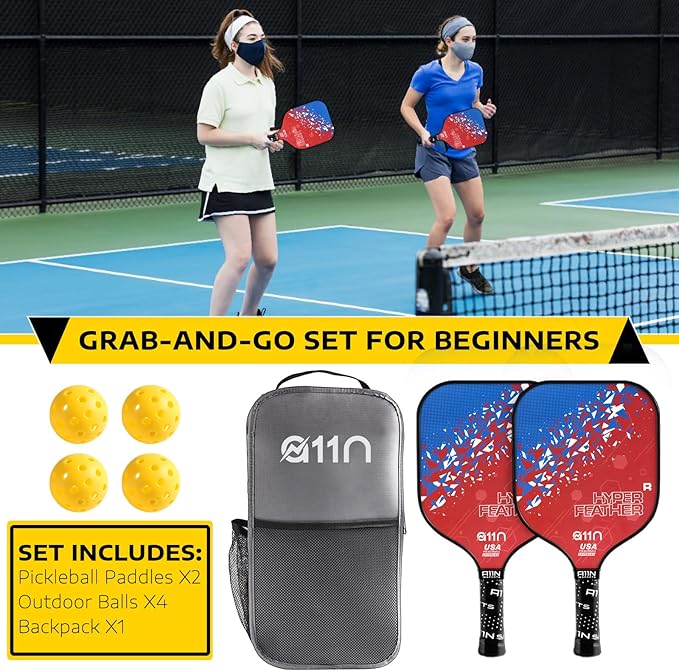 A11N HyperFeather R Pickleball Paddles Set of 2 Rackets with 4 Outdoor Balls and 1 Backpack, USA Pickleball Approved