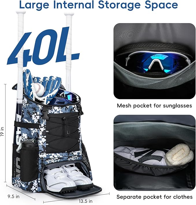 Baseball Bag for Youth and Adult, Softball Backpack 40L Large Capacity, Bat Backpack with Shoes Compartment and Hidden Helmet Holder