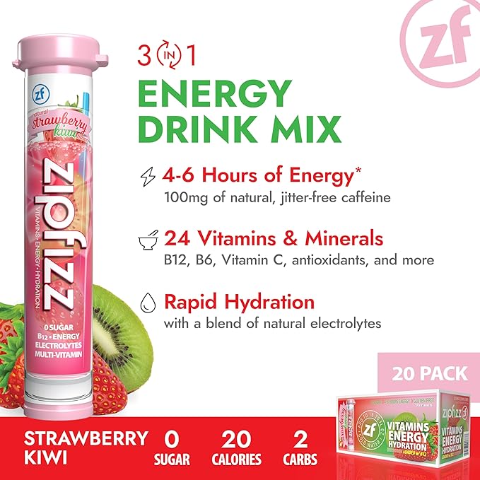 Zipfizz Daily Energy Drink Powder, Strawberry Kiwi, 20 Pack | 3-in-1 Sustained Energy, Rapid Hydration, and Essential Vitamins | Sugar-Free | Electrolyte Powder | Contains Vitamin B-12 & Antioxidants