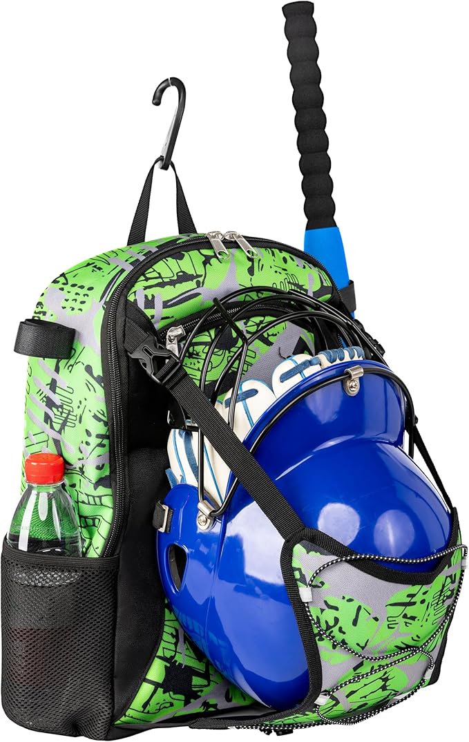 Youth Baseball Bat Bag Backpack, T-Ball & Softball Equipment Gear for Youth with Fence Hook, Lightweight Baseball Bat Backpack, Large Main Compartment for Helmet