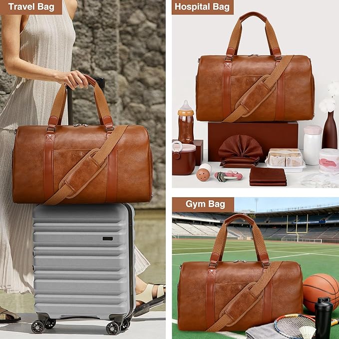 3-in-1 Leather Duffle Bag for Travel with Toiletry Bag and Shoe Compartment, Weekender Overnight Gym Bag for Men Women, Carry On Bag Fits 21 Inch Laptop