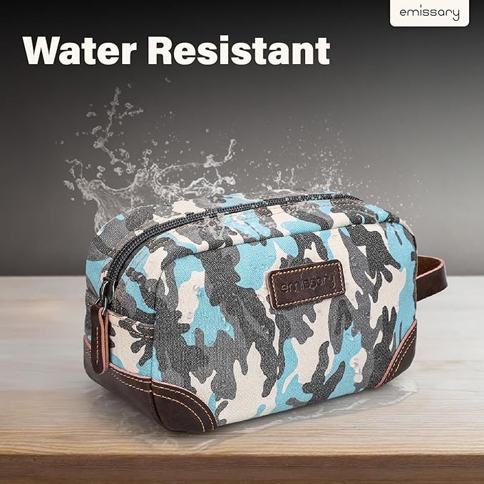 emissary Men's Toiletry Bag, Leather and Canvas Travel Toiletry Bag, Dopp Kit for Men,Bathroom Bag Men's Shaving Kit, Travel Kit Small Bags for Men, Shaving Bag for Travel (Camo-Blue)