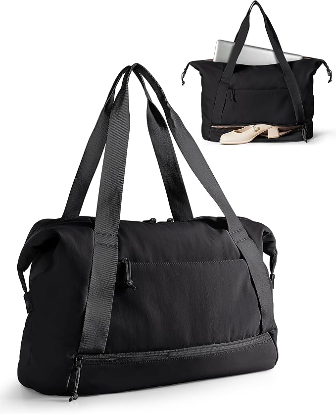Travel Duffle Bag with Shoe Compartment and Laptop Sleeve for Women, Lightweight Weekender Duffel Bag for Travel, Gym, Hospital Labor Delivery, Black