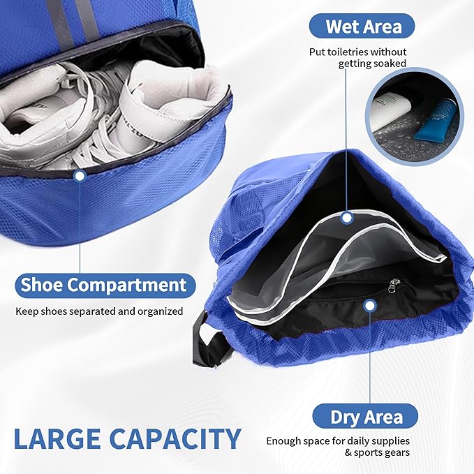 Drawstring Backpack Gym Bag with Shoes Compartment for Soccer, Basketball, Swim, Water-Resistant String Backpack Beach Cinch for Women Men, Blue, Medium