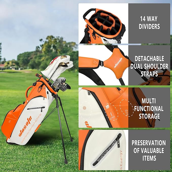 WOSOFE PU Golf Bag with 6/14 Way Top Dividers Automatically Adjustable Dual Straps Elegant Design for Men Women Pu Golf Stand Bag with Multiple Pockets