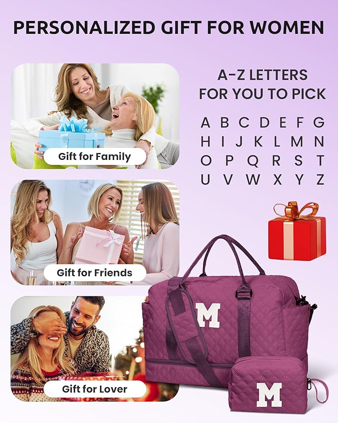 Granddaughter Gift from Grandmom, Kids Birthday Gift-Girl Travel Bags with Shoe Compartment, Weekender Bag, Monogram Overnight Bag for Women, Letter Travel Bag with Makeup Bag (Letter N)