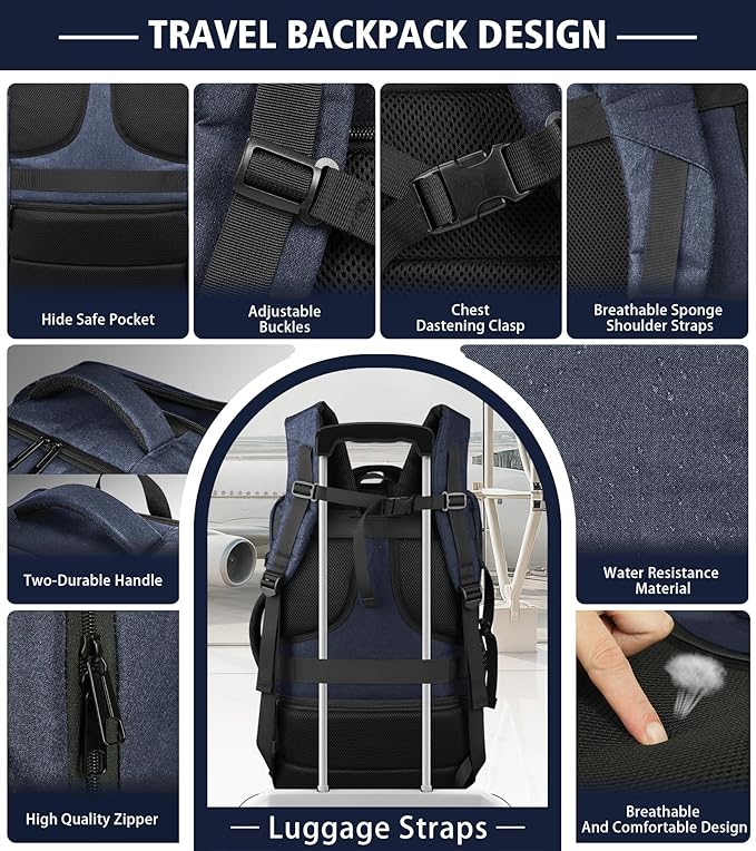 Carry On Backpack,50–60L Expandable Large Capacity Travel Backpack with Cable Access Port Fits 18.4 Inch Laptop, Water Resistant Airline Travel Backpack for Men College Hiking Work Commuting, Blue