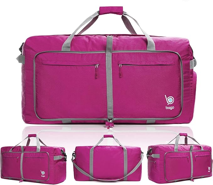 Bago Large Foldable Duffel Bags for Traveling Women & Men - 120L Packable Duffle Bag for Travel with Shoe Compartment - Water Repellant, Heavy Duty, Lightweight Folding & Collapsible (Pink)