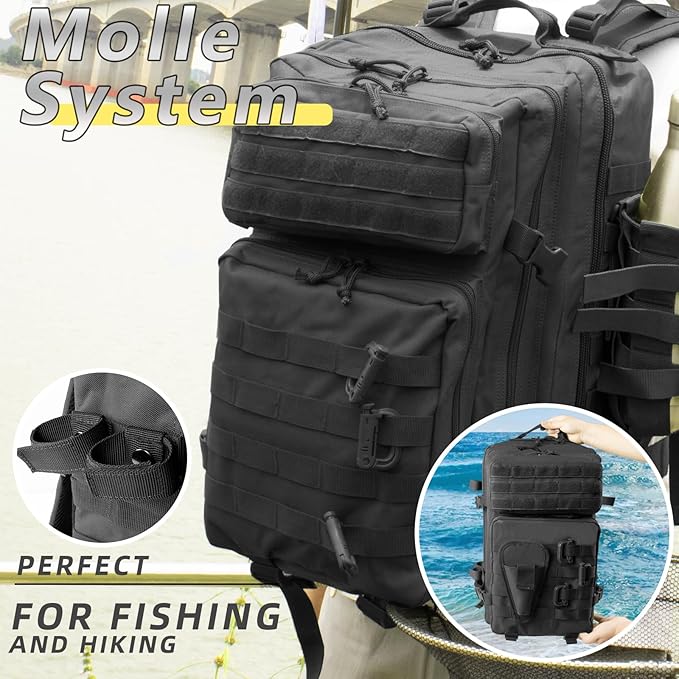 Large 45L Tactical Fishing Tackle Backpack with Removable Plier Holder & Rod Holders Storage Fishing Gear and Equipment Tackle Bag Hiking Backpack Black without Tackle Boxes