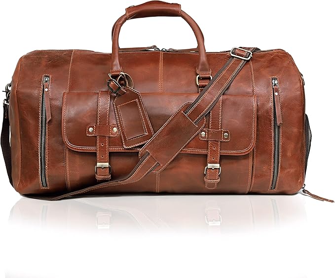 20 Inch Leather Duffle Bag Handmade Rustic Overnight Weekend Bag for Men, Gym Sports Travel Tote Bag Luggage Carry On Flight Cabin Duffel Bag with Shoe Compartment for Men & Women