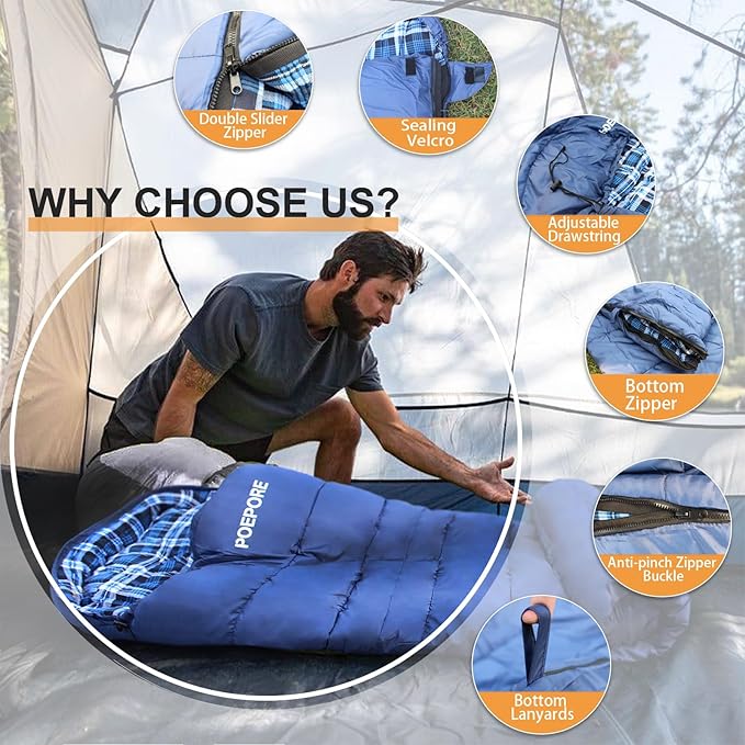 0 Degree Sleeping Bag 100% Cotton Flannel XXL Cold Weather Winter Oversized Sleeping Bag for Adults Camping Zero Degree Big and Tall with Compression Sack