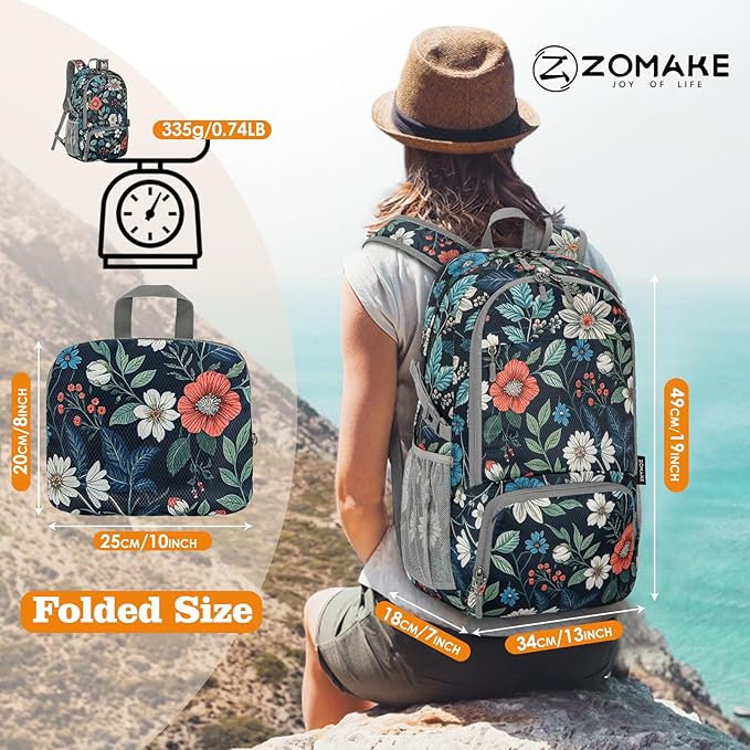 ZOMAKE Lightweight Packable Backpack 30L, Foldable Hiking Backpacks Water Resistant Compact Folding Daypack for Travel(Navy blue,Floral pattern)
