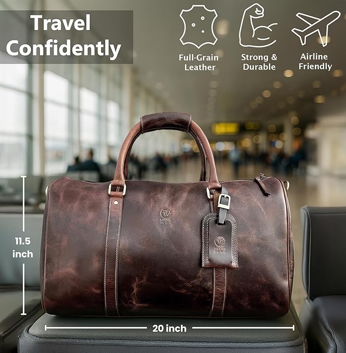 Leather Holdall Bags for Men - Travel Overnight Duffle - Weekend Carry On Suitcase - Underseat Flight Cabin Duffel Bag, Mulberry, L, Leather Overnight Bags for Men