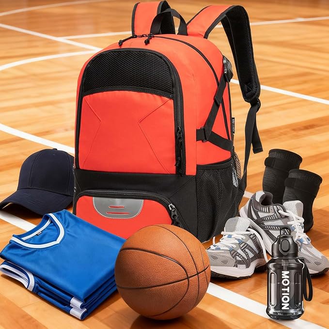 Basketball Backpack - Large Sports Equipment Bag with Ball Holder & Shoe Compartment for Basketball. (red)