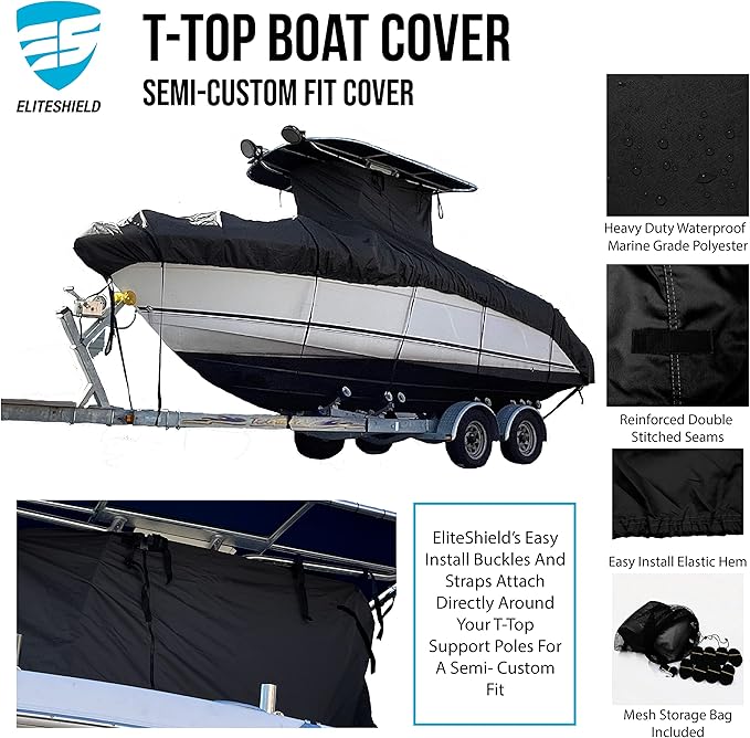 EliteShield Heavy Duty T-Top Boat Cover, Fits 20ft to 22ft Long Center Console Boat with T-Top Hard-Top, Waterproof Fade Resistant T Top Boat Storage Cover (Black, Size 2: 20'-22' Long, Beam 106" W)