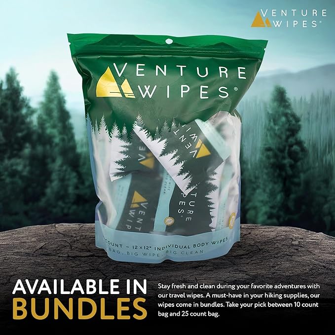 Venture Wipes Tea Tree Oil Body Wipes - Adventure Wipes for Adults - Biodegradable Cleansing With Aloe and Vitamin E - Camping Essentials - Individually Wrapped - 10 Count Bag