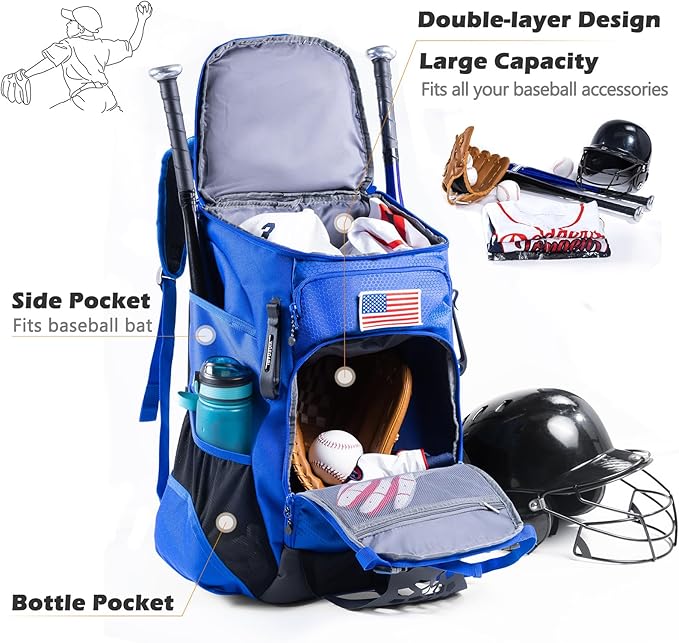 | Baseball Bag Softball Bat Bag, Double-layer Baseball Backpack Adult with Gear Klip To Hold Baseball Glove, Baseball Essential Gear, Youth Baseball Bag for Boys, Girls, Baseball Accessories