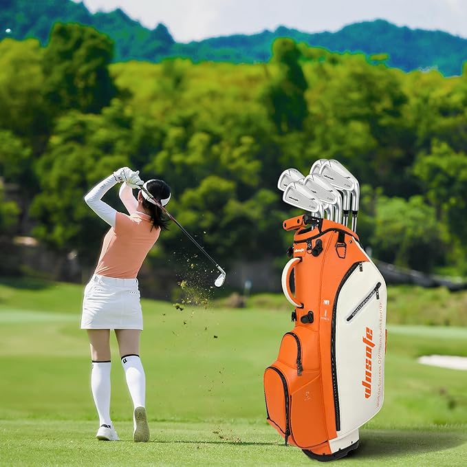 WOSOFE PU Golf Bag with 6/14 Way Top Dividers Automatically Adjustable Dual Straps Elegant Design for Men Women Pu Golf Stand Bag with Multiple Pockets