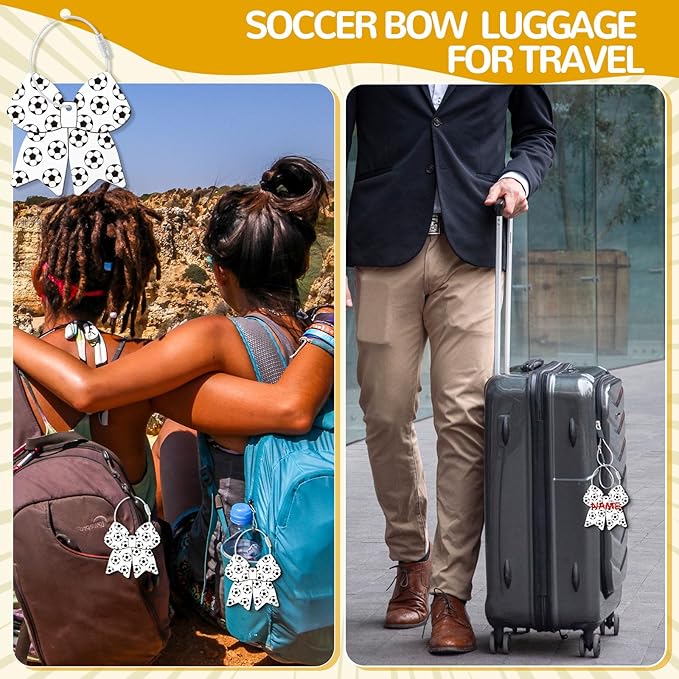 12 Pcs Soccer Bow Luggage Tags for Travel Suitcase Labels with Metal Ring 2.75in Soccer Bow Keychain PVC Name ID Card and DIY Pocket Hug Card for Men Women Travel Bag Suitcase