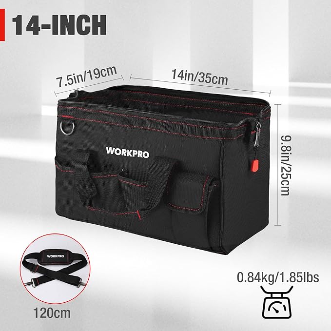 WORKPRO 14-inch Tool Bag, Multi-pocket Tool Organizer with Adjustable Shoulder Strap, W081021A , black