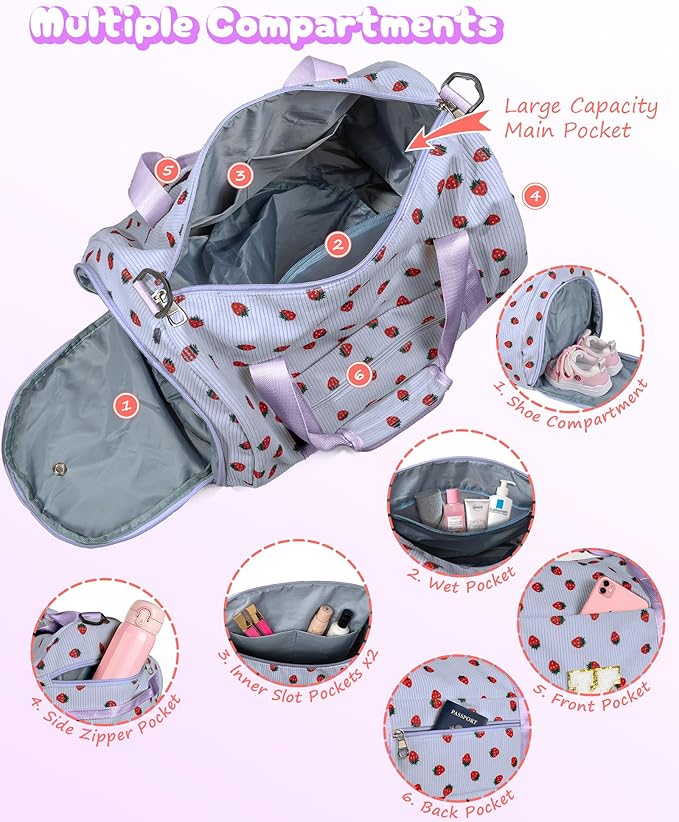 11 Year Old Girl Birthday Gifts, Girls Gym Bag, Kids Personalized Overnight Duffle Bags with Shoe Compartment, Monogram Travel Tote with Makeup Bag, Gift for Sister (Letter E)