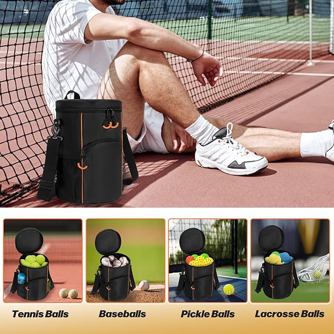 DSLEAF Tennis Ball Bag with Sturdy Bottom, Baseball & Lacrosse Ball Bag with Multiple Pockets and Portable Shoulder Strap for Tennis, Baseball, Lacrosse,Pickle Ball and Table Tennis Training
