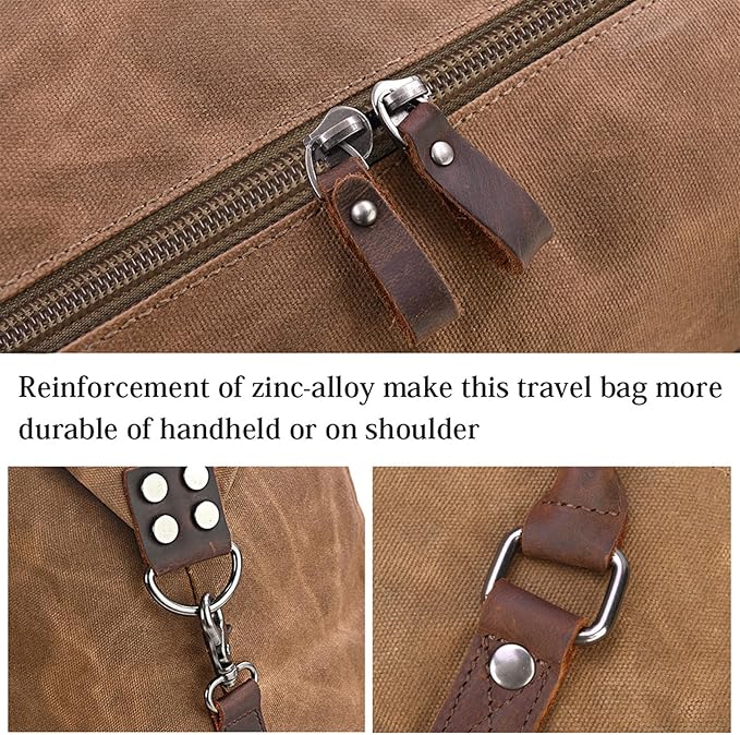 Oversized Travel Duffel Bag Waterproof Canvas Genuine Leather Weekend bag Weekender Overnight Carryon Hand Bag Brown