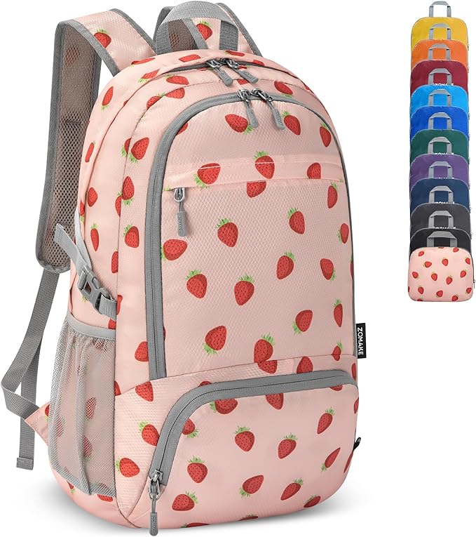 ZOMAKE Lightweight Packable Backpack 30L, Foldable Hiking Backpacks Water Resistant Compact Folding Daypack for Travel(Strawberry print)