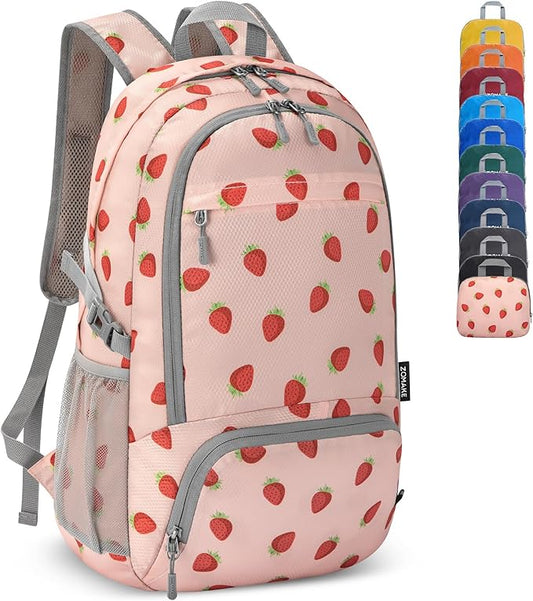 ZOMAKE Lightweight Packable Backpack 30L, Foldable Hiking Backpacks Water Resistant Compact Folding Daypack for Travel(Strawberry print)