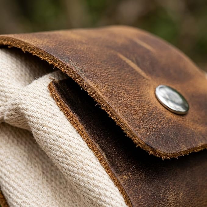 Toprank Leather Foraging Pouch – Collapsible Canvas and Leather Belt Bag for Hiking, Mushroom, Rock & Shell Collecting (Camel/Off-White)