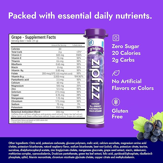 Zipfizz Daily Energy Drink Powder, Grape, 12 Pack | 3-in-1 Sustained Energy, Rapid Hydration, and Essential Vitamins | Sugar-Free | Electrolyte Powder | Contains Vitamin B-12 & Antioxidants
