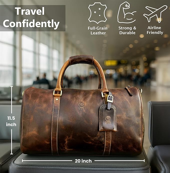 Leather Holdall Bags for Men - Travel Overnight Duffle - Weekend Carry On Suitcase - Underseat Flight Cabin Duffel Bag, Brown, L, Mens leather weekend bag