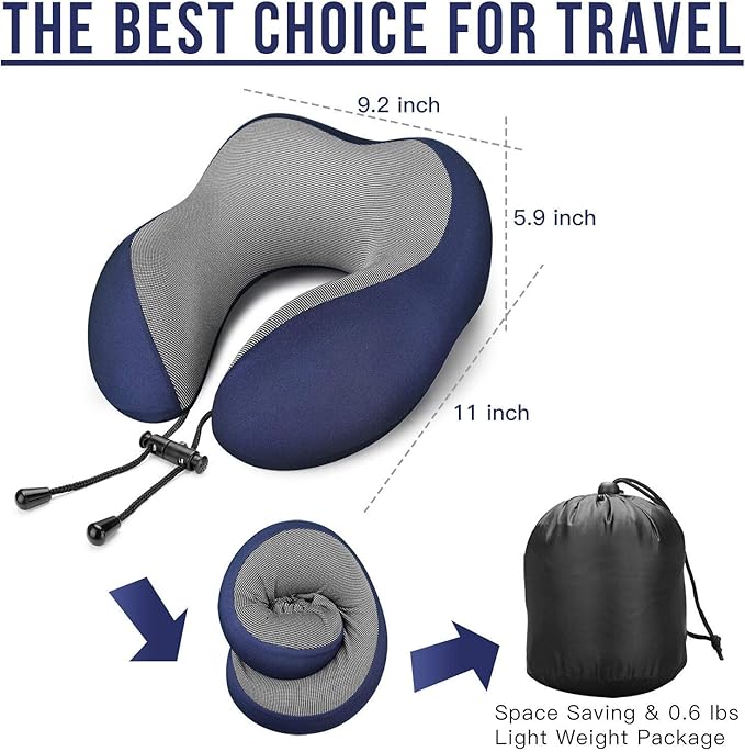 MLVOC Travel Pillow 100% Pure Memory Foam Neck Pillow, Comfortable & Breathable Cover, Machine Washable, Airplane Travel Kit with 3D Contoured Eye Masks, Earplugs, and Luxury Bag, Standard (Blue)