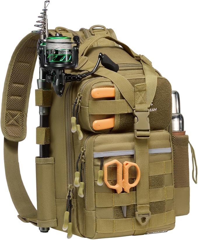 BASSDASH Convertible Fishing Backpack Sling Bag with Rod Holder, Adjustable Tactical Water-Resistant Tackle Storage Pack FP07