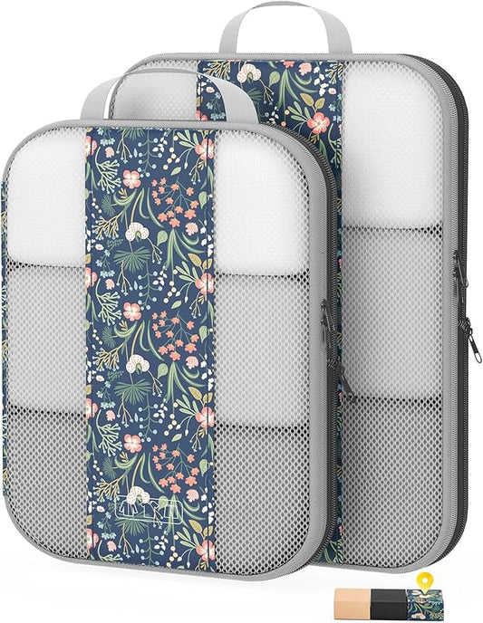 2 Set Compression Packing Cubes for Travel Essentials,Compressible Expandable Packing Cubes for Suitcase,OlarHike Luggage Organizer Bags for Travel(Dark Blue Floral)
