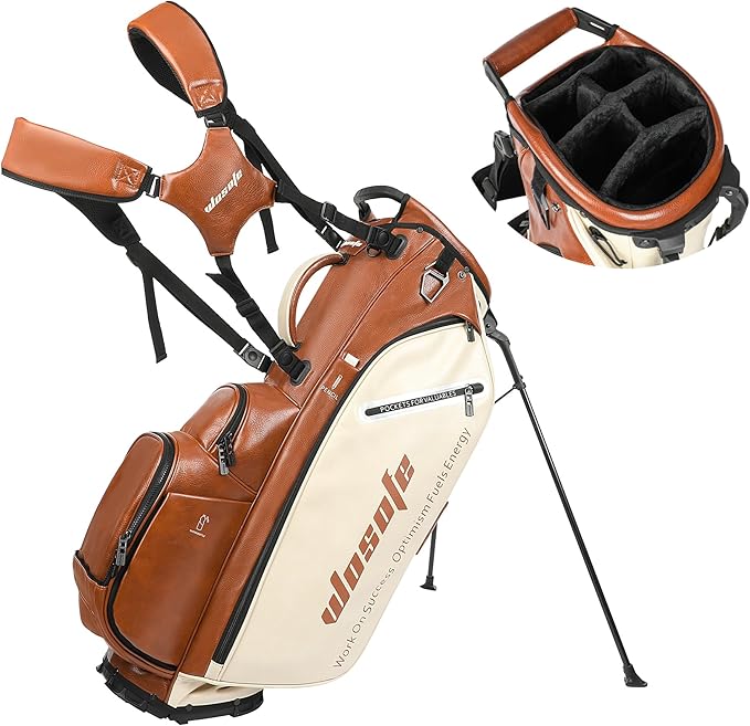 WOSOFE PU Golf Bag with 6/14 Way Top Dividers Automatically Adjustable Dual Straps Elegant Design for Men Women Pu Golf Stand Bag with Multiple Pockets