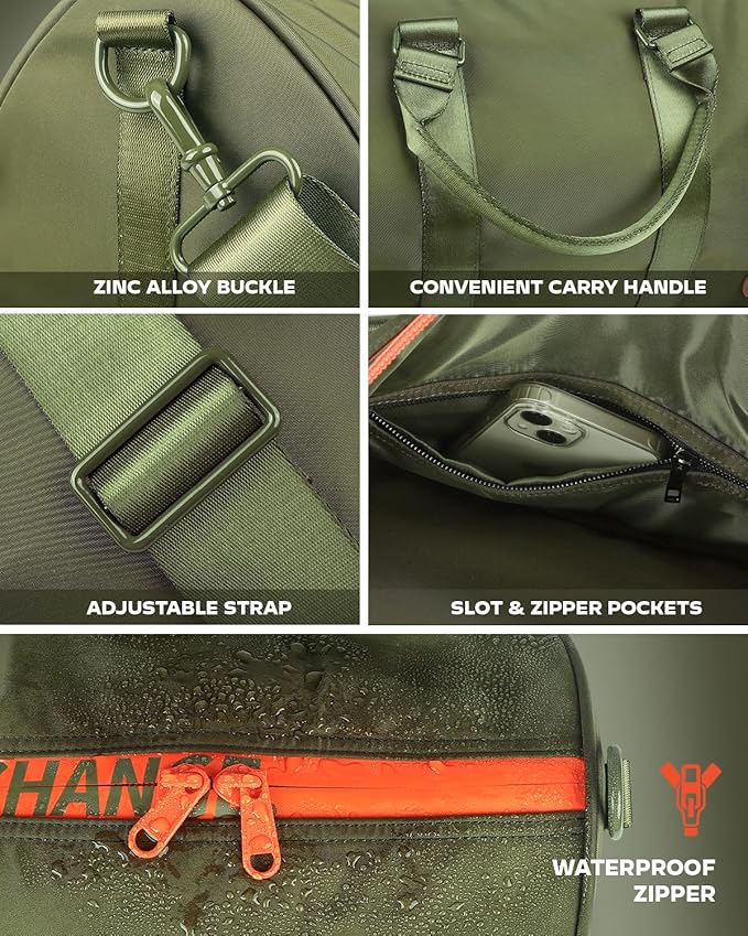 4Pcs/Set Waterproof Sports Duffel Bag 1000D Nylon Heavy Duty Travel Swim Gym Bags for Men and Women Weekender Bag with 3 Accessory Bags of Wet & Dry Separation Upgrades 2.0 Green