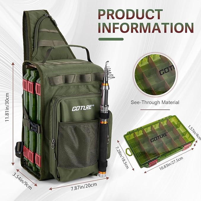 Goture OpenSide Fishing Sling Tackle Storage Bag with 3 Tackle Boxes, Lightweight Fishing Backpack Storge Gear - Green Bag Outdoor,Gift for men