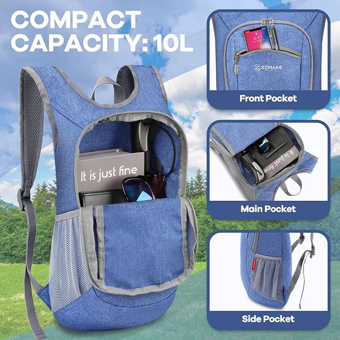 ZOMAKE Ultra Lightweight Packable Backpack 10L,Small Foldable Backpacks Hiking Water Resistant Collapsible Daypack for Women Men(Dark Blue-A1)