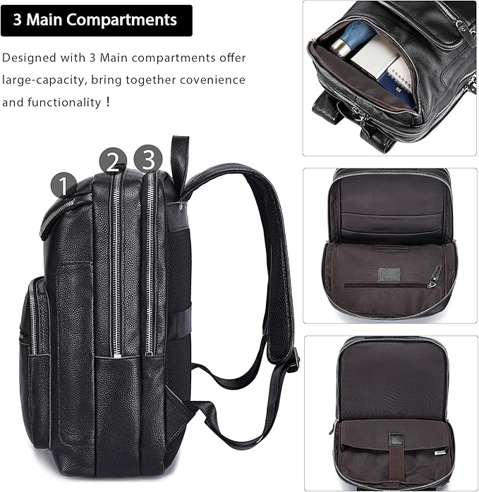 LANNSYNE Leather Backpack For Men, 15.6" Leather Laptop Backpack Hiking Travel Bag Camping Rucksack