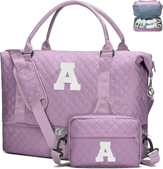 WOOMADA Initial Duffle Bag with Shoe Compartment,Personalized Weekender Bag, Overnight Bag for Women Girls, Gym Bag with Toiletry Bag