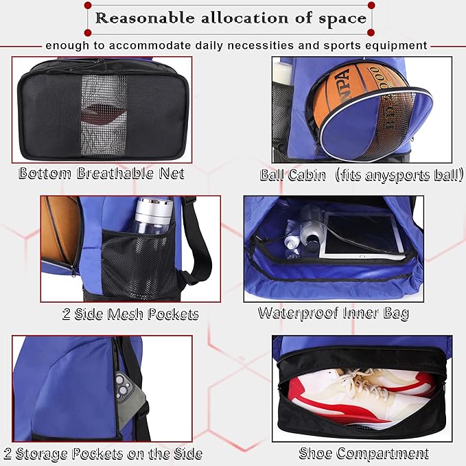 Basketball Backpack, 45 L Drawstring Sports Bag with Large Shoe Compartment and Wet Pockets for Women Men Gym Bag