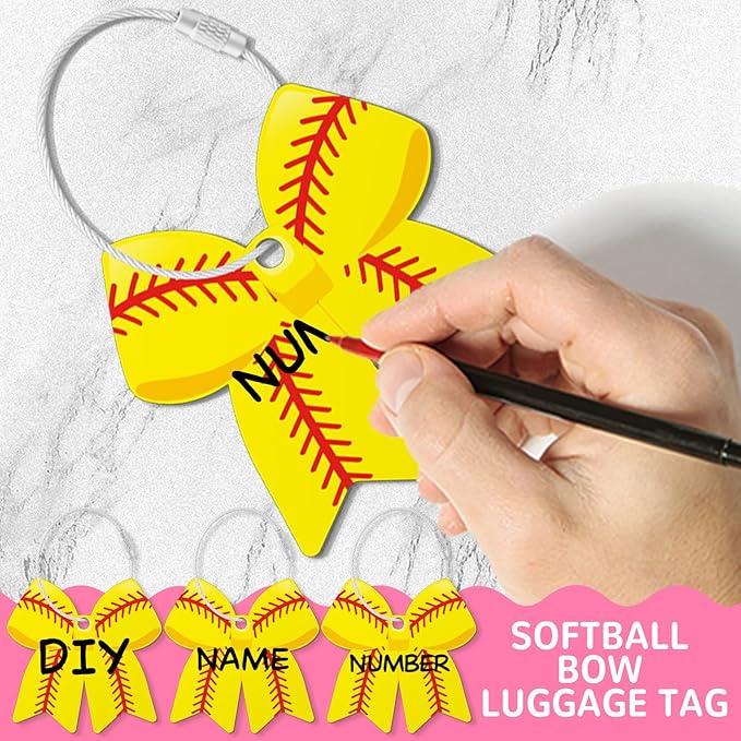 12 PCs Softball Bow Luggage Tags for Suitcases Travel Suitcase Labels with Metal Ring 2.75in Softball Bow Keychain PVC Name Id and DIY Pocket Hug Card for Men Women Travel Bag Suitcase Gift