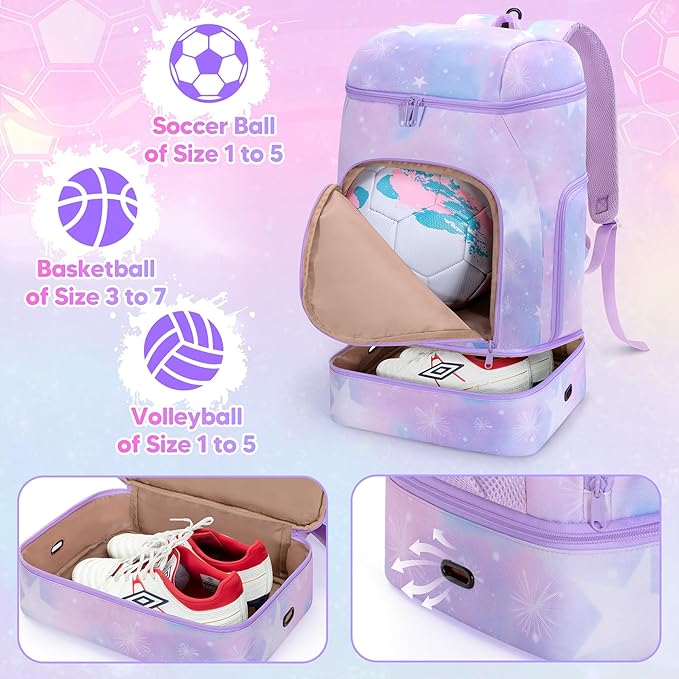 Soccer Backpack for Girls with Separate Ball Pocket and Shoe Compartment, Sports Bags for Soccer, Basketball, Volleyball