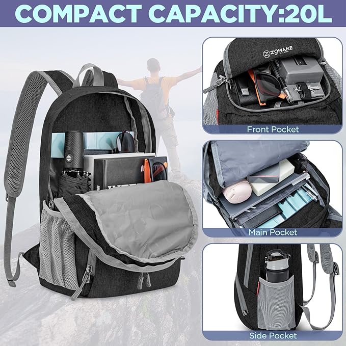 ZOMAKE Ultra Lightweight Packable Backpack 20L,Small Foldable Backpacks Hiking Water Resistant Collapsible Daypack for Women Men(Black-C2)