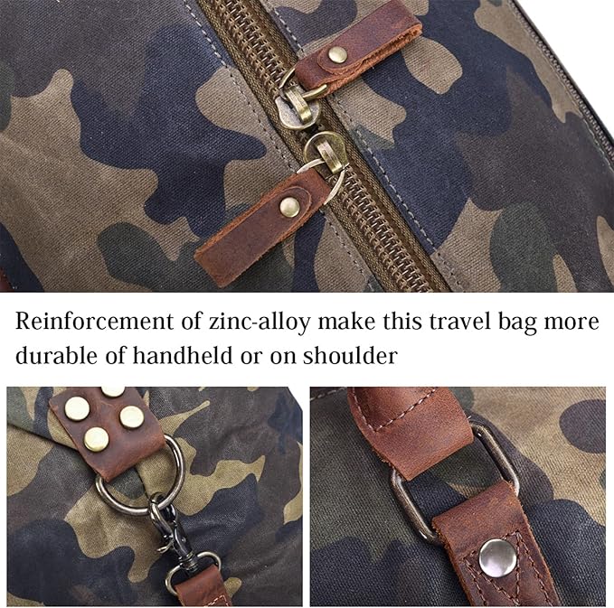Oversized Travel Duffel Bag Waterproof Canvas Genuine Leather Weekend bag Weekender Overnight Carryon Hand Bag Camo