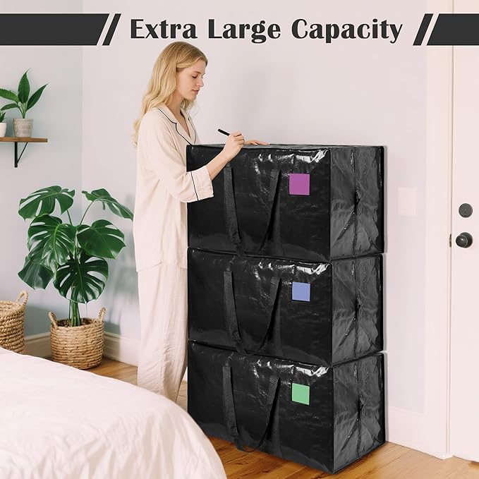 12 Pack Extra Large Heavy Duty Moving Bags with Reinforced Zipper & Wide Handles, Moisture-Resistant Storage Bins Packing Cubes for Clothes, College Dorm, Travel, and Home Organization, Black