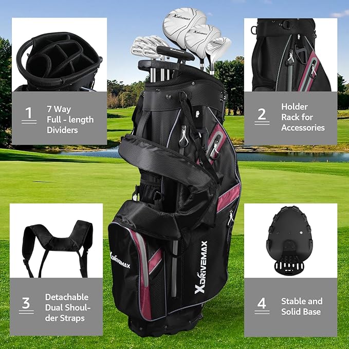 XDriveMax Golf Stand Bag, Lightweight 8-Way Top Dividers Golf Bag with Insulated Cooler Pocket, Dual Strap System & Rain Cover, Includes Golf Accessory Kit
